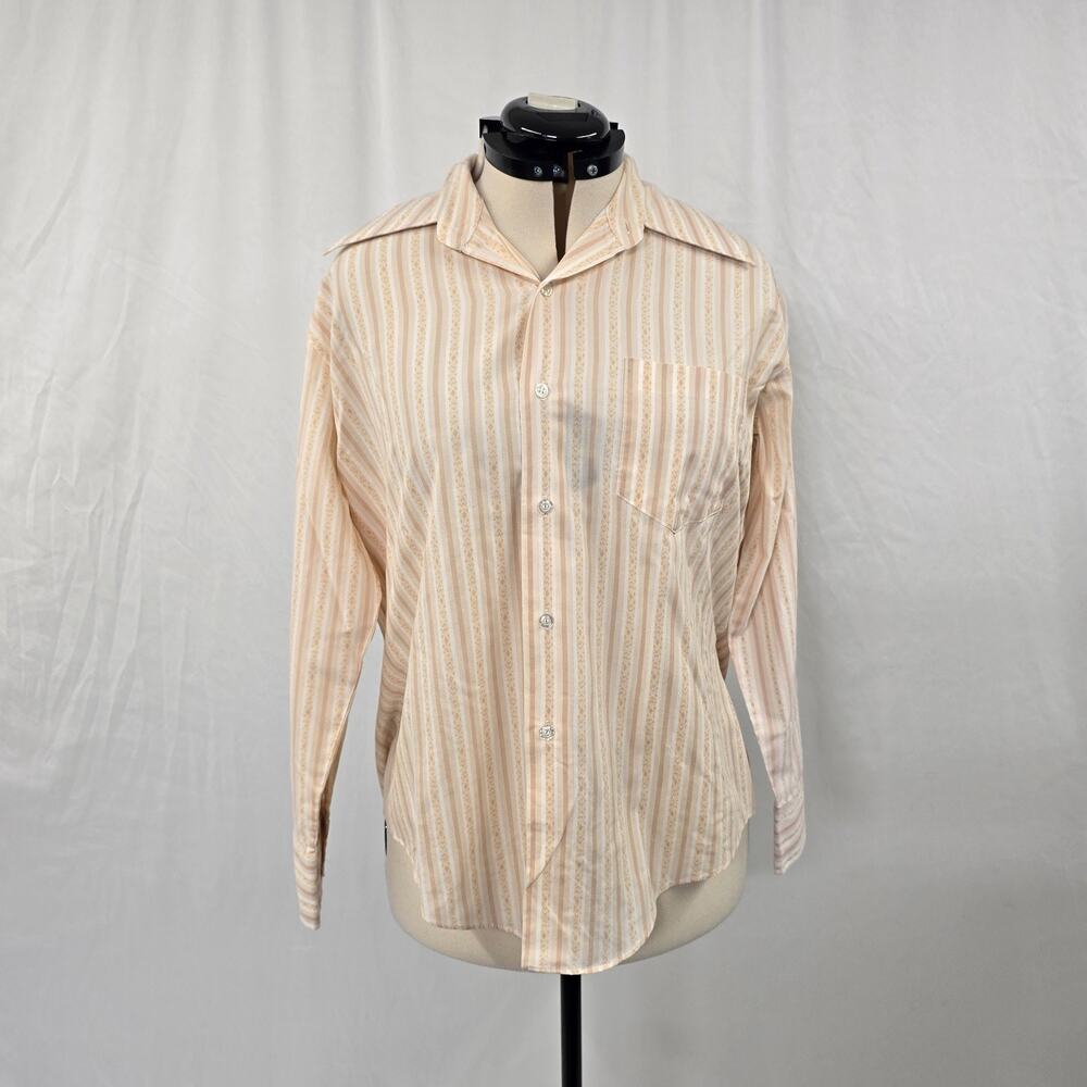 Vtg Permanent Press Button Down Blouse Women's 16 Cream Pink Stripe Long Sleeve